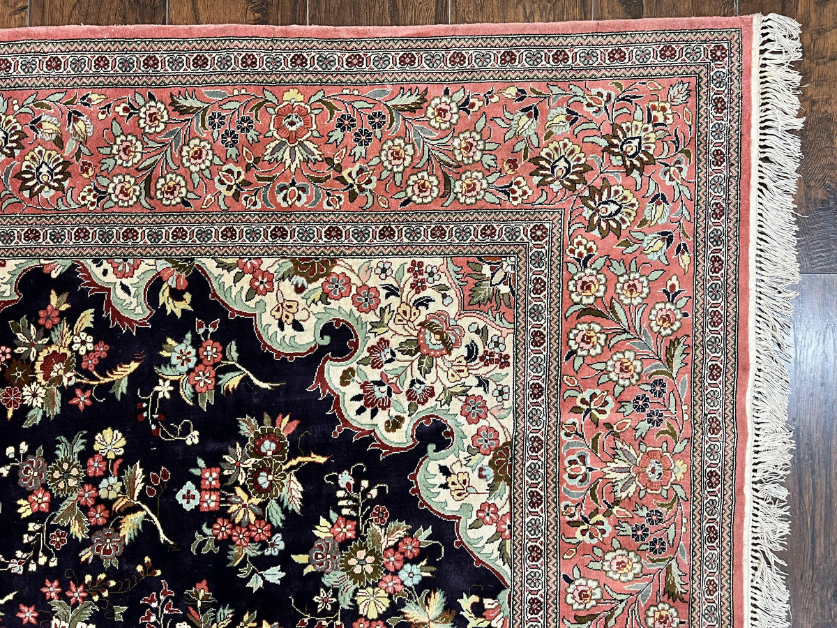 Stunning Silk Persian Qum Rug 7x9, Finely Hand Knotted Navy Blue & Salmon Floral Medallion Authentic Oriental Carpet, Vintage Handmade Silk Ghom Rug, Silk on Silk - Jewel Rugs, view 7