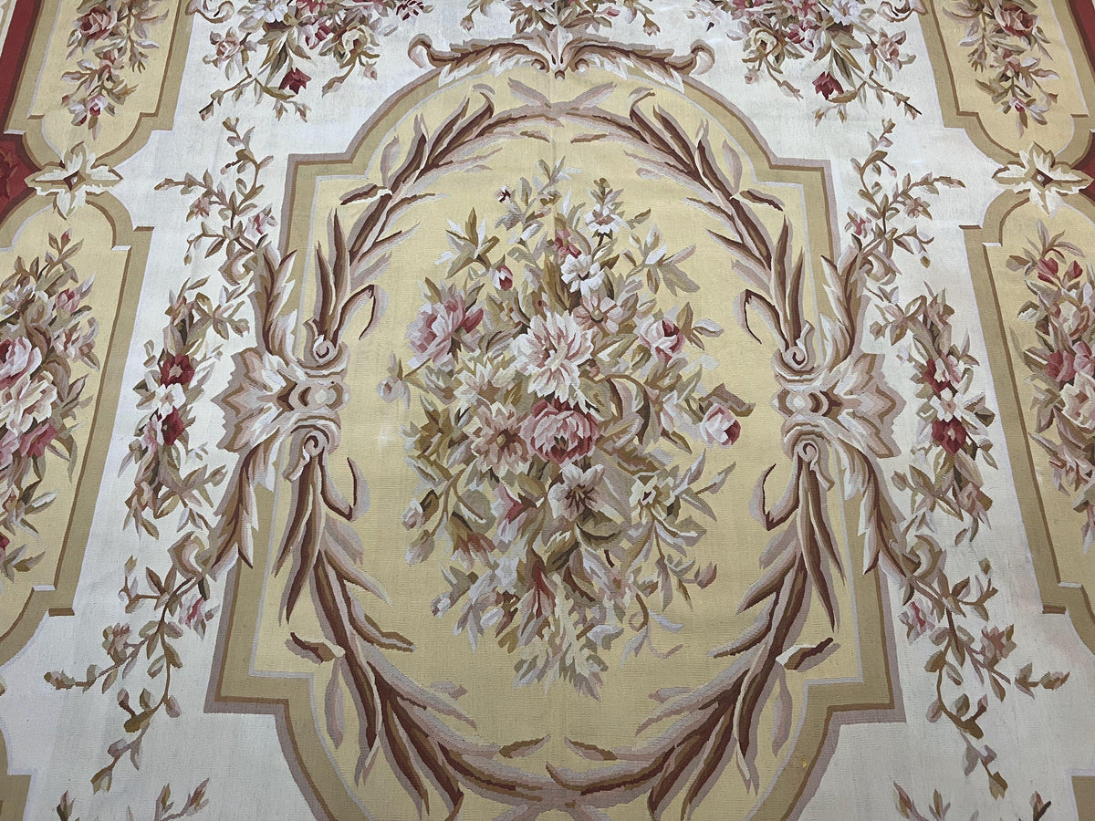 Aubusson Rug 9x12, Elegant Flatweave Savonnerie Carpet 9 x 12 ft, Ivory Light Yellow Red, Handmade Wool Flatweave French European Rug - Jewel Rugs, view 5