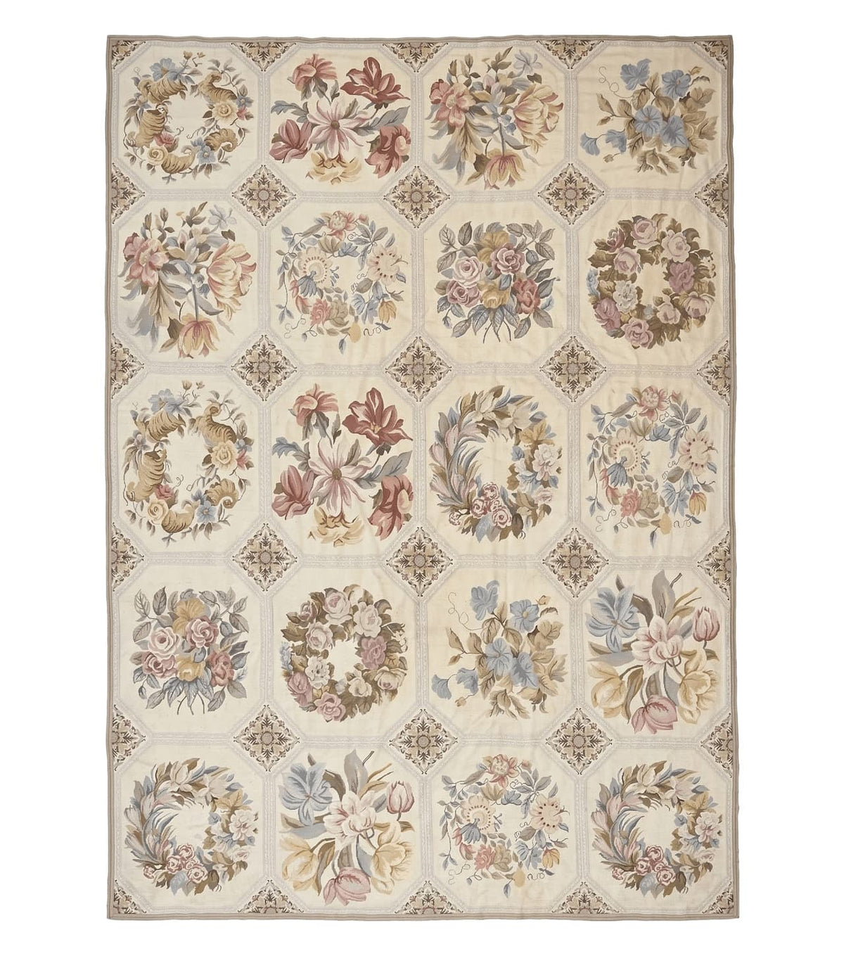 Vintage Needlepoint Rug 8x11, Floral Panel Design, Flatweave Handmade Needlepoint Carpet 8 x 11, Room Size Wool Needlepoint Rug, Cream Color - Jewel Rugs