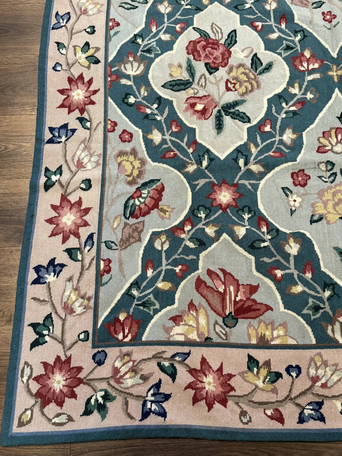 Teal Needlepoint Rug 6x9, Panel Design, Floral Bouquets, Handmade - Jewel Rugs, view 9