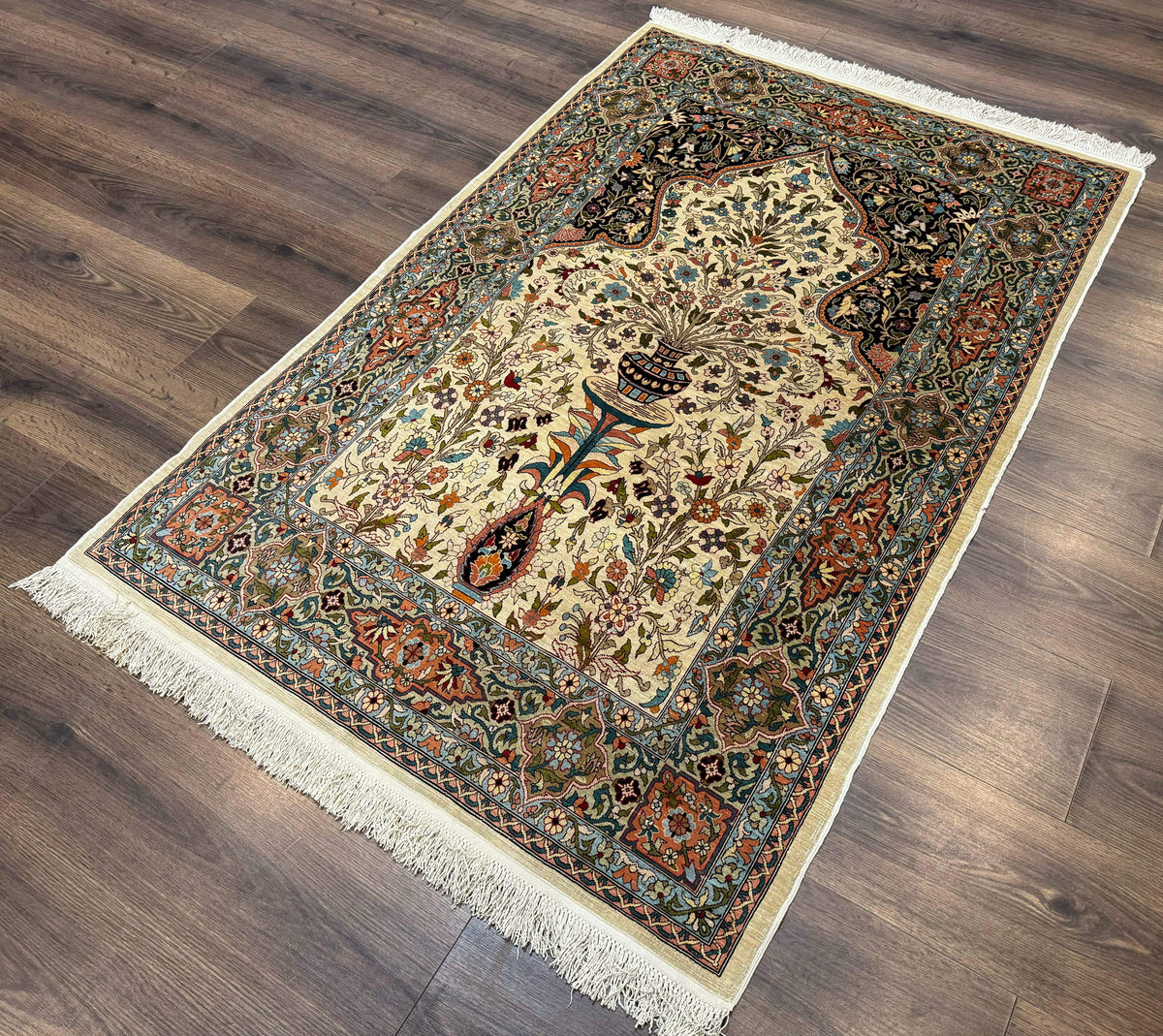 Rare Turkish Hereke Silk Rug 3x5, Tree of Life Persian Vase Design, Very Fine 440 KPSI, Signed - Jewel Rugs, view 2