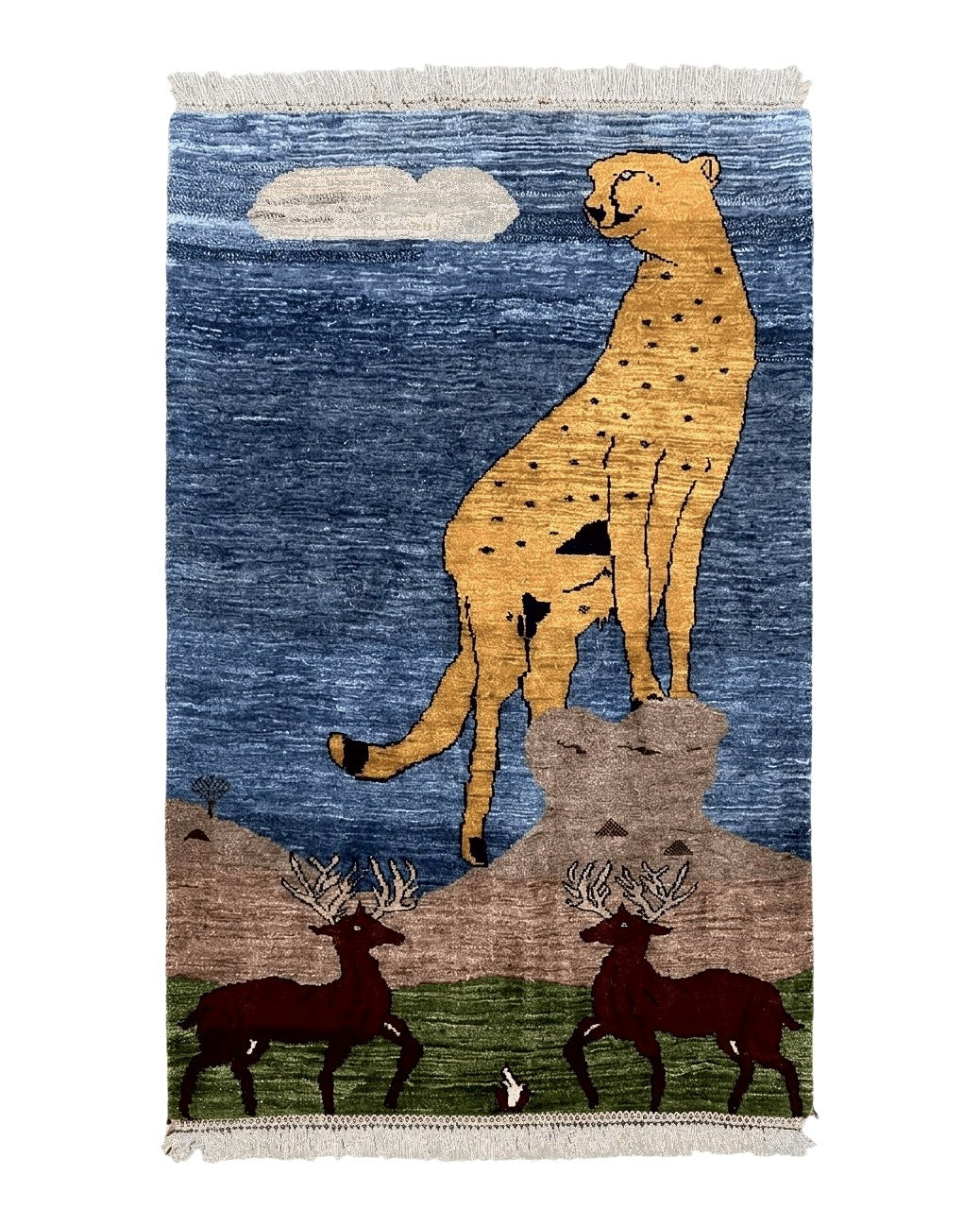 3 x 5 Handmade New Vintage Wool Blue Rug Leopard Lion Jaguar Deer Organic Dyes - Jewel Rugs