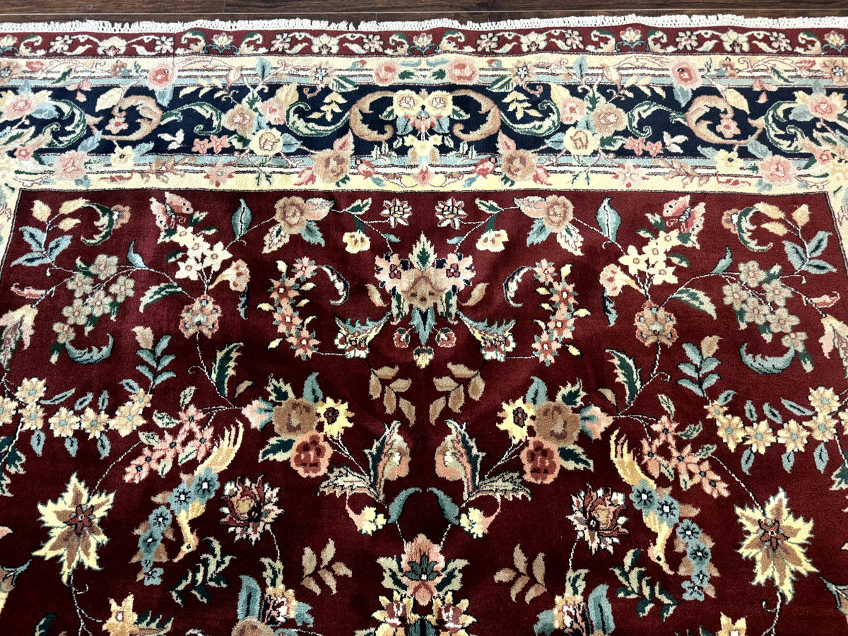 Indo Persian Rug 8x10, Floral Allover with Bird Pictorials, Maroon and Navy Blue, Handmade Wool Area Rug - Jewel Rugs, view 4