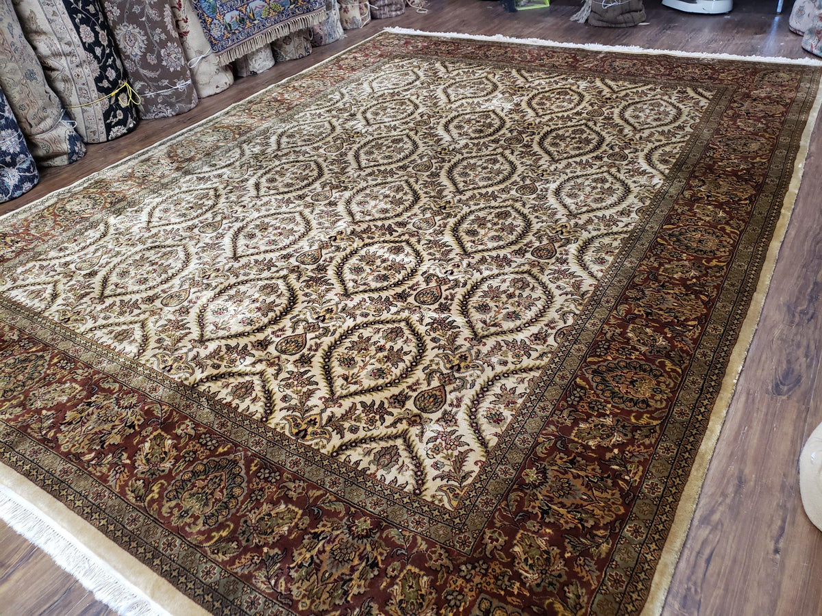 Vintage Indo Persian Area Rug 9x12, Wool Hand-Knotted Ivory & Dark Red Oriental Carpet, Fine Weave 9 x 12 Indian Rug, Dining Room Rug - Jewel Rugs, view 3