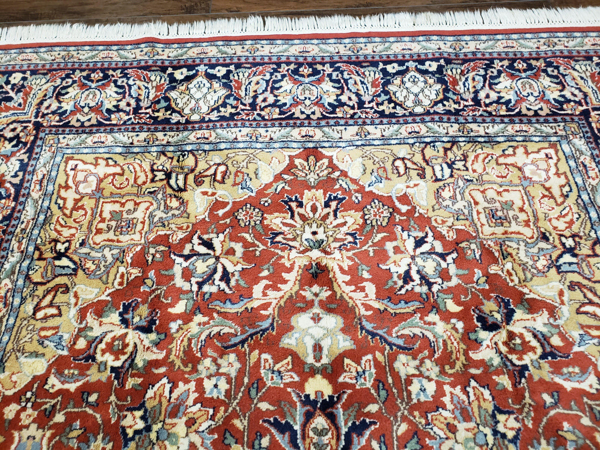 Vintage Indo Persian Oriental Rug 6 x 9.6, Wool Hand-Knotted Red Dark Blue & Gold Indian Carpet, 6 x 9 Office Room Rug, Floral Medallion - Jewel Rugs, view 12