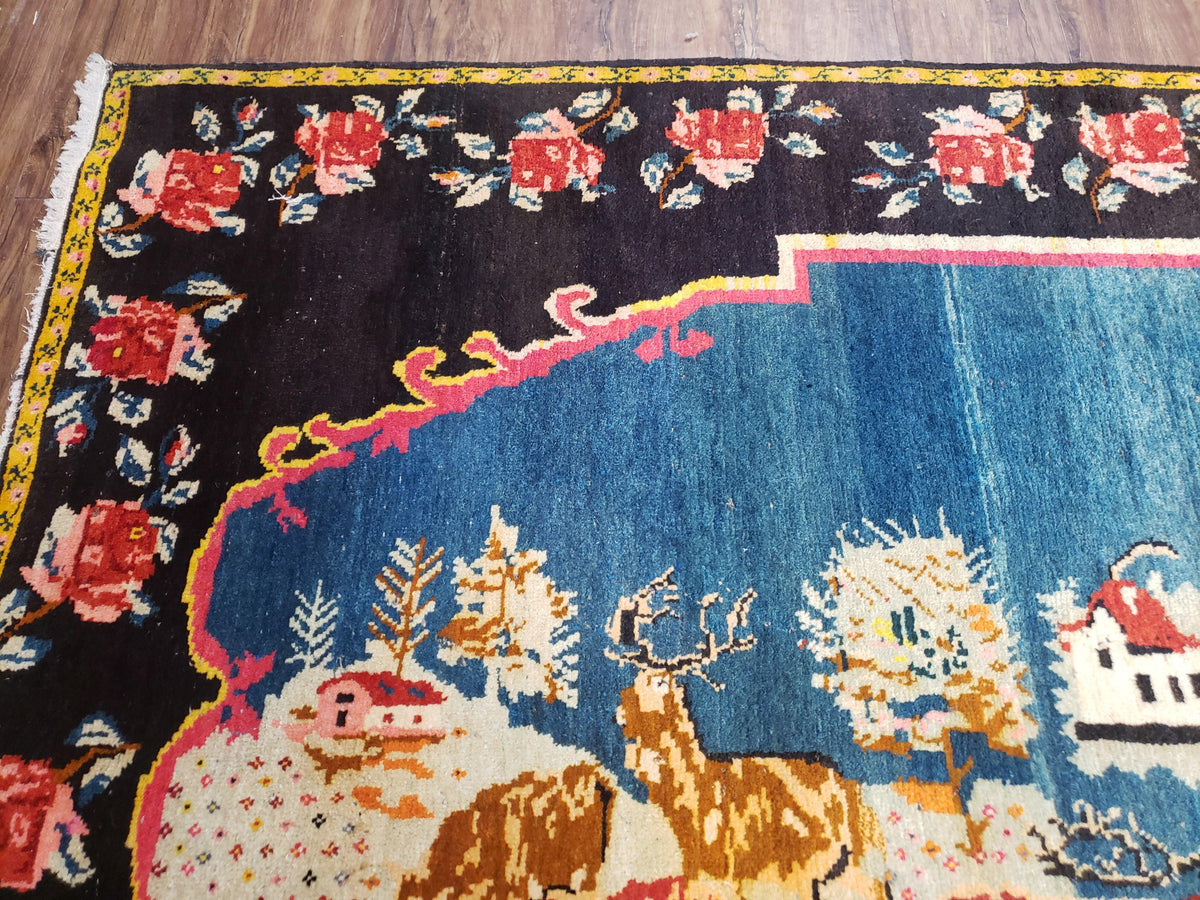 Antique Persian Pictorial Rug 4'6" x 9', Wool Hand-Knotted Blue Roses Karabagh Caucasian Carpet, 1920s Girl Deer Tapestry Wall Hanging Rug - Jewel Rugs, view 6