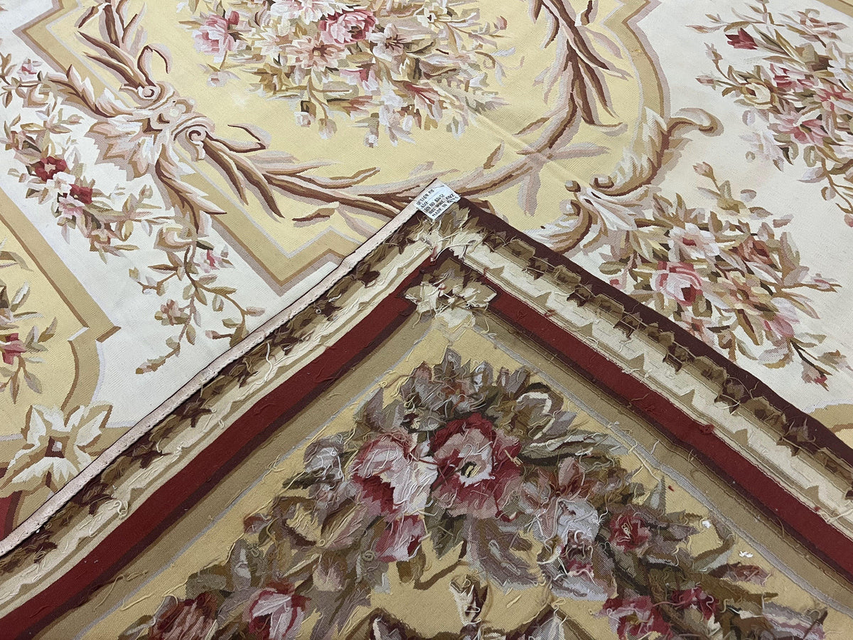 Aubusson Rug 9x12, Elegant Flatweave Savonnerie Carpet 9 x 12 ft, Ivory Light Yellow Red, Handmade Wool Flatweave French European Rug - Jewel Rugs, view 12