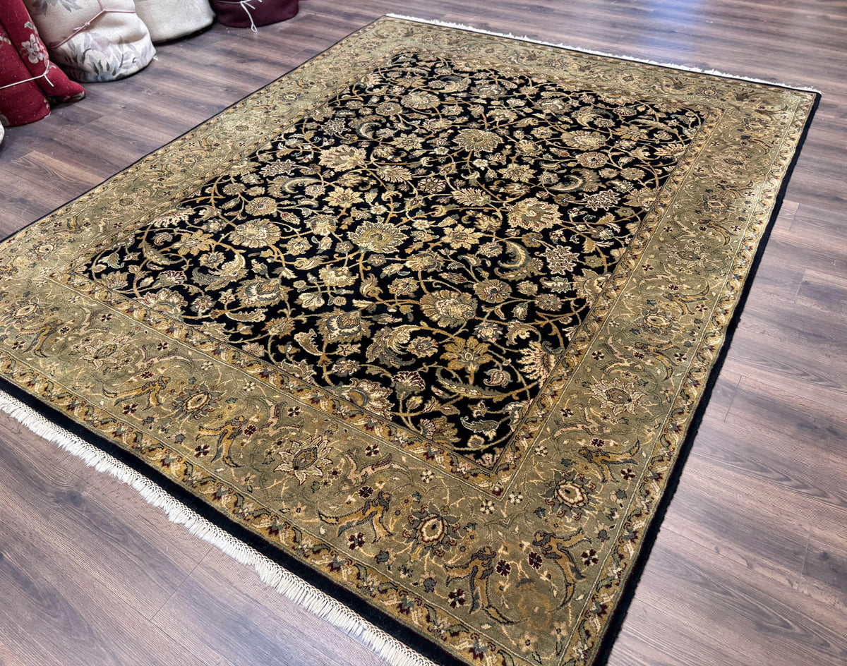 Indo Persian Rug 8x10, Black and Green, Wool, Handmade, Traditional, Floral Allover, Vintage - Jewel Rugs, view 3