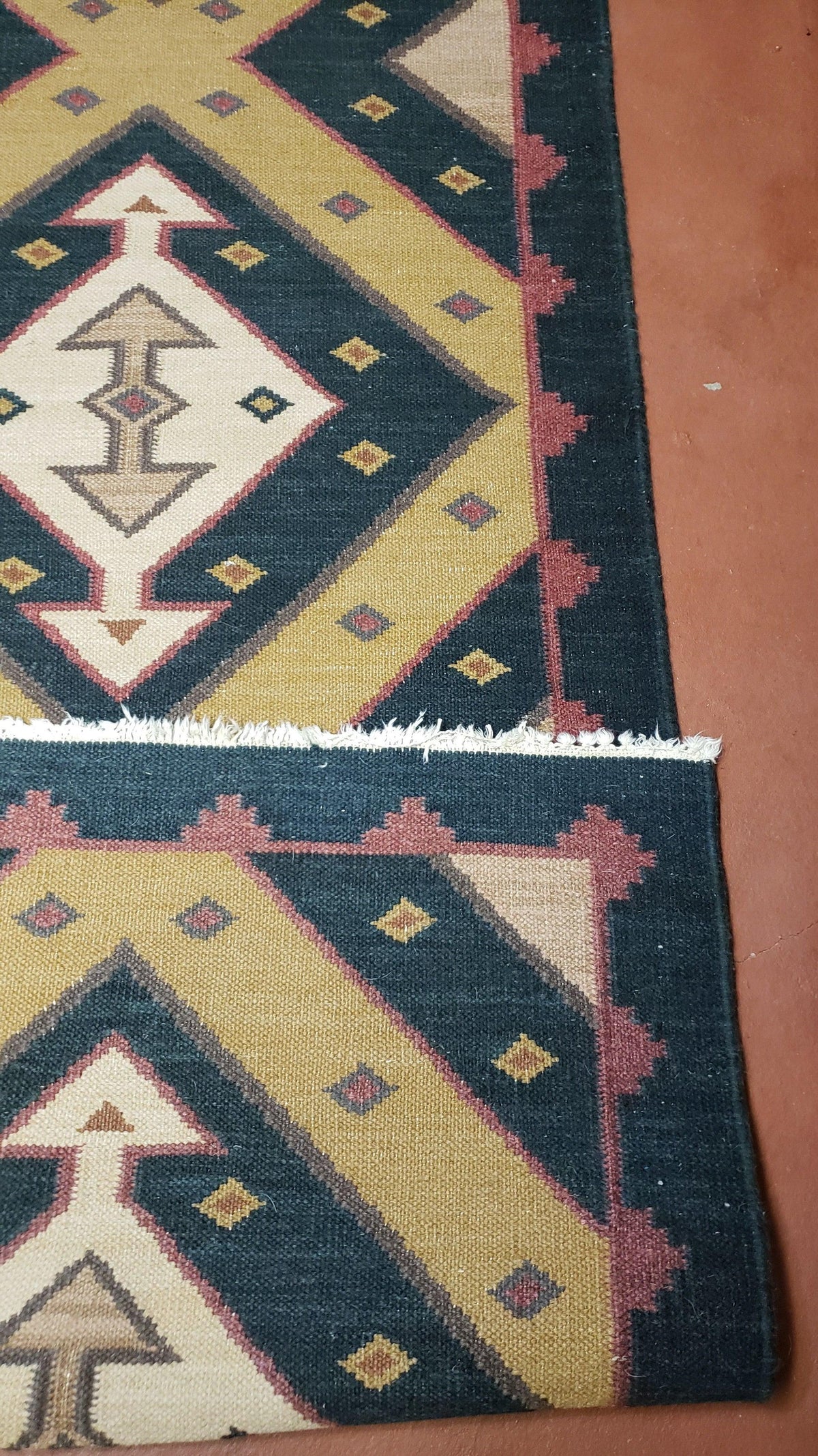Vintage Indian Kilim Runner Rug, Geometric Flatweave Hand-Knotted Wool Kitchen Hallway Runner, Black Gold & Beige, 2' 8" x 9' 9" - Jewel Rugs, view 9