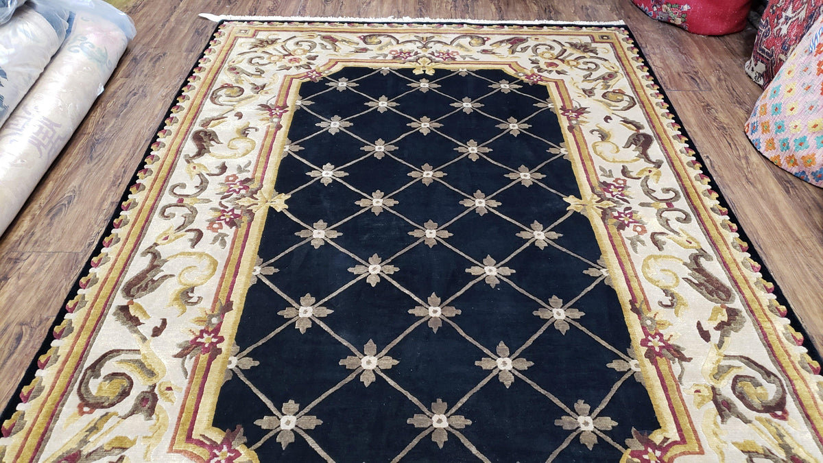 Nepal Rug 6x9, New Aubusson Nepalese Tibetan Carpet 6'1" x 8' 8", Hand-Knotted Wool, Unused, Black & Cream, Savonnerie Pattern, Soft Pile - Jewel Rugs, view 12