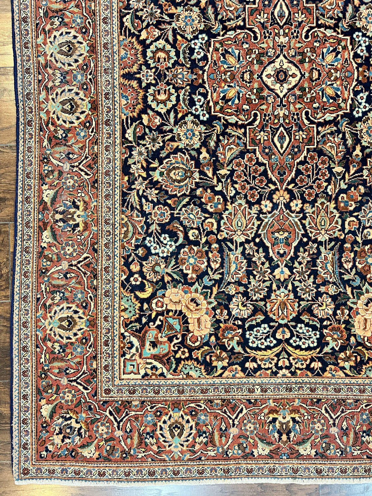 Persian Kashan Rug 4x7, Floral Medallion Vintage Handmade Hand Knotted Navy Blue & Red Wool Oriental Carpet, Highly Detailed Semi Antique Rug - Jewel Rugs, view 9