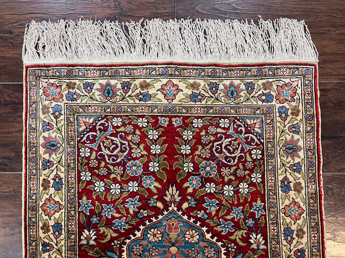Silk Turkish Kayseri Rug 2x3, Small All Silk Turkish Carpet, Red and Light Blue, Very Fine Hand Knotted Semi Antique Vintage Handmade Rug - Jewel Rugs, view 4