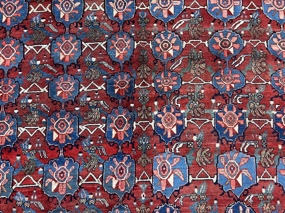 Antique Persian Bijar Rug 9x12 - Allover Motif, Red & Blue - Jewel Rugs, view 6