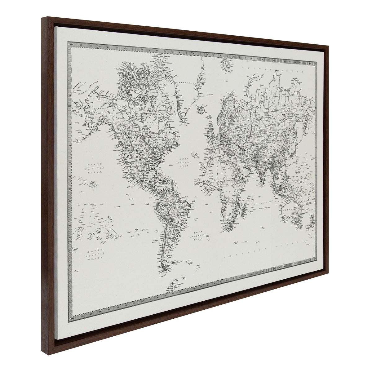 Sylvie Vintage Black and White World Map Framed Canvas by The Creative Bunch Studio