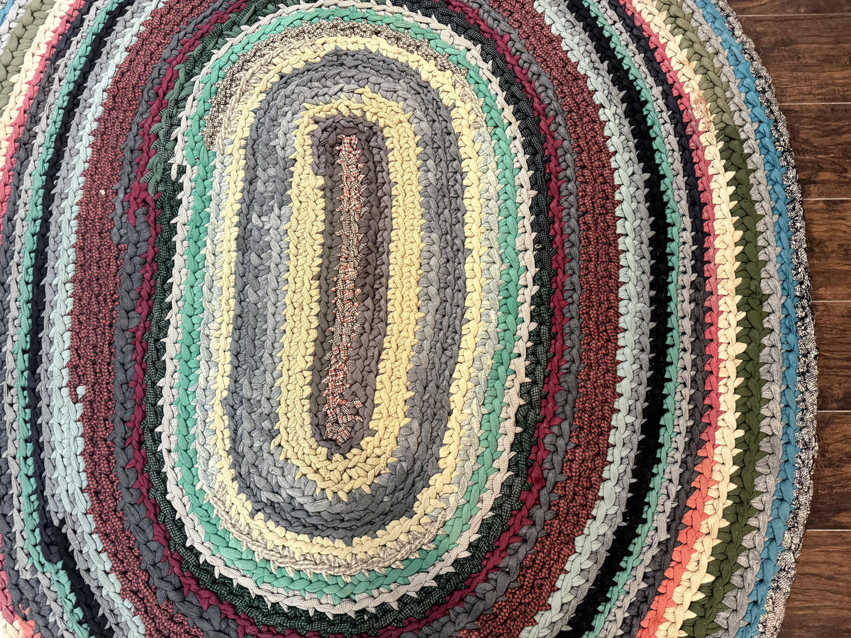 Antique American Braided Rug 5x7, Oval Multicolor Handmade Wool Braided Carpet - Jewel Rugs, view 5