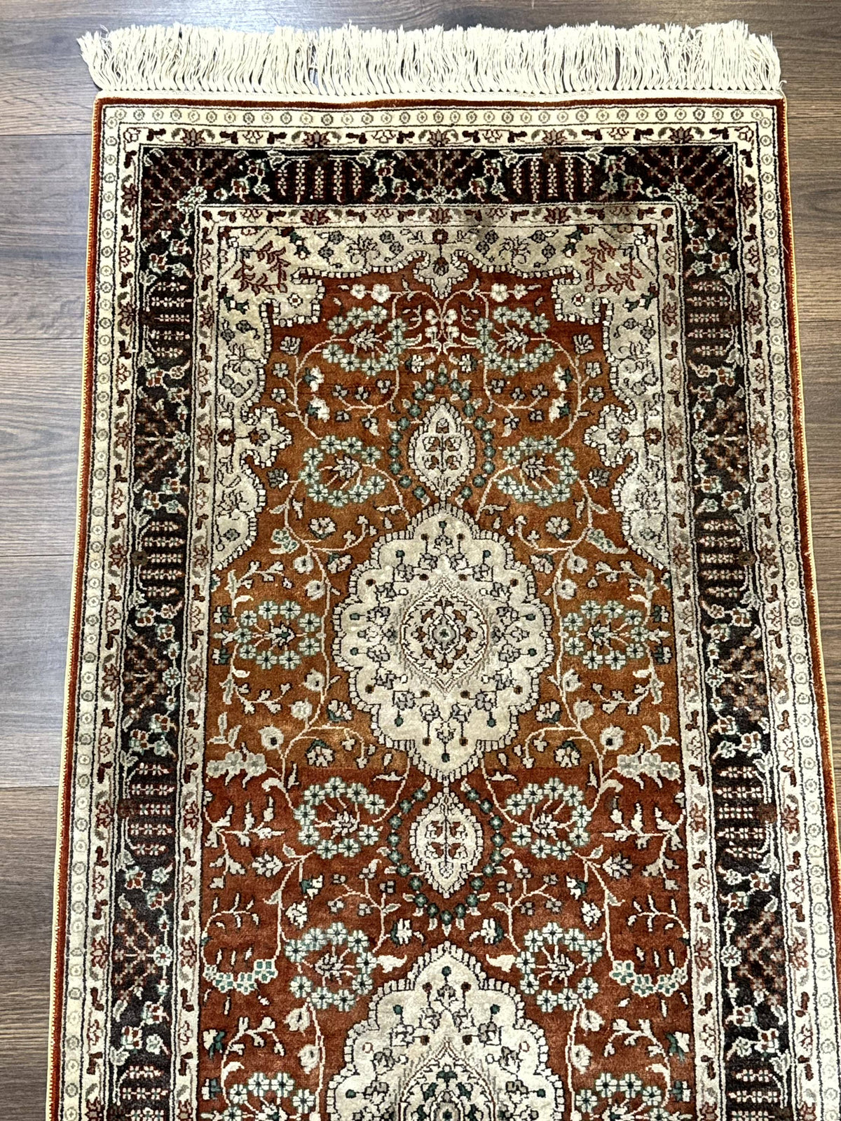 Turkish Silk Narrow Runner Rug 2 x 5.8, Very Fine 340 KPSI, Floral Medallions, Red - Jewel Rugs, view 4
