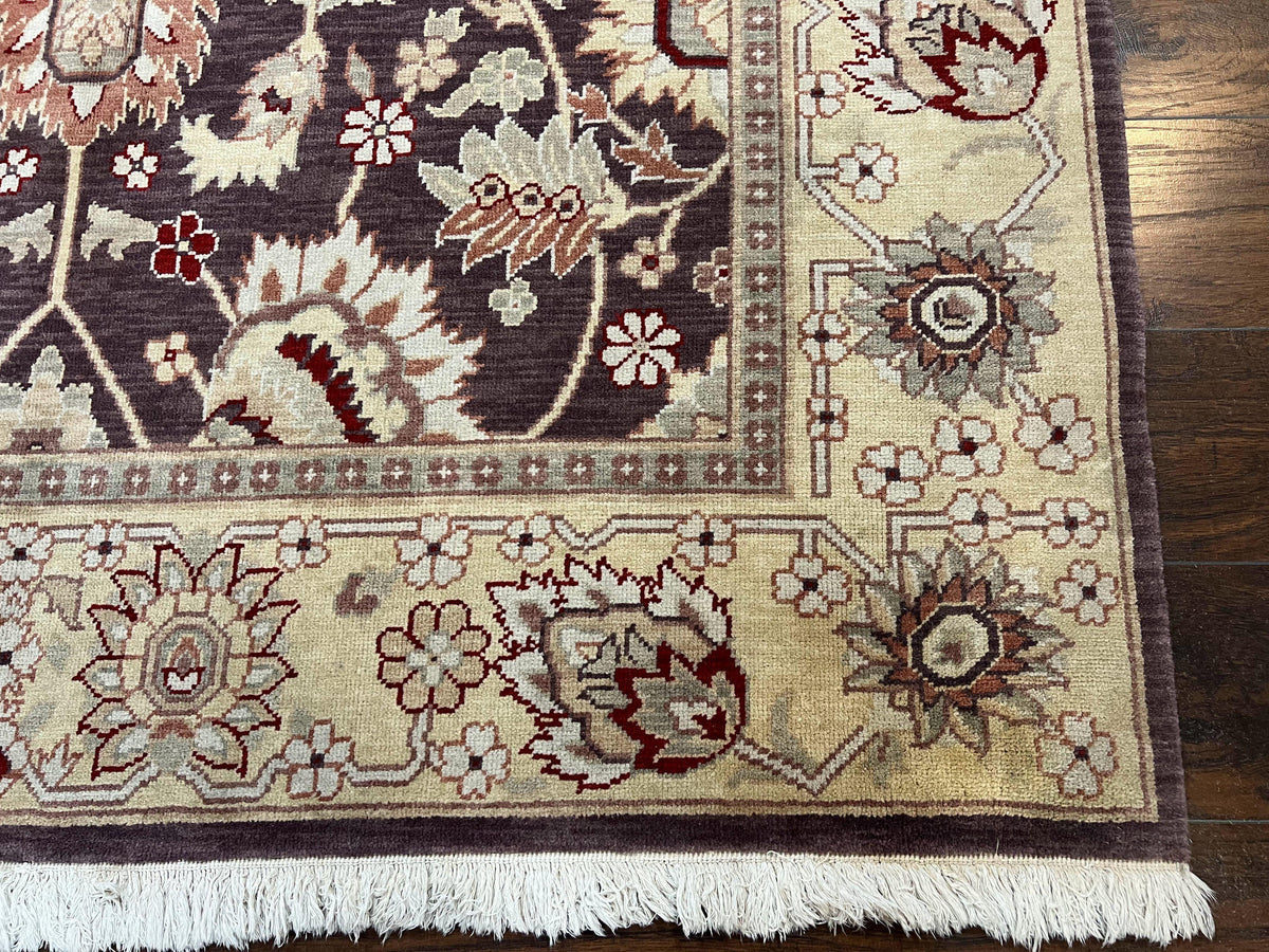 Vintage Indo Mahal Area Rug 6x9, Indian Persian Oriental Carpet 6 x 9, Puce Eggplant Tan Beige Rug, Hand-Knotted, Large Floral Design Wool - Jewel Rugs, view 10