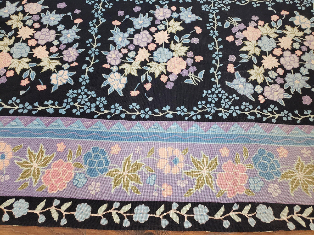 Chinese Needlepoint Rug 8 x 11.4, Hand-Woven Area Carpet, Flatweave Rug, Black Blue Light Violet Floral Garden European Design Wool Aubusson - Jewel Rugs, view 10