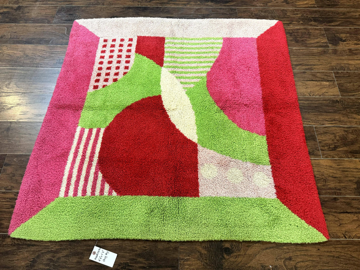 European Shag Rug 4.8 x 4.8, Modern Abstract Design, Green Pink Red, Square Shag Rug, Unique - Jewel Rugs, view 2