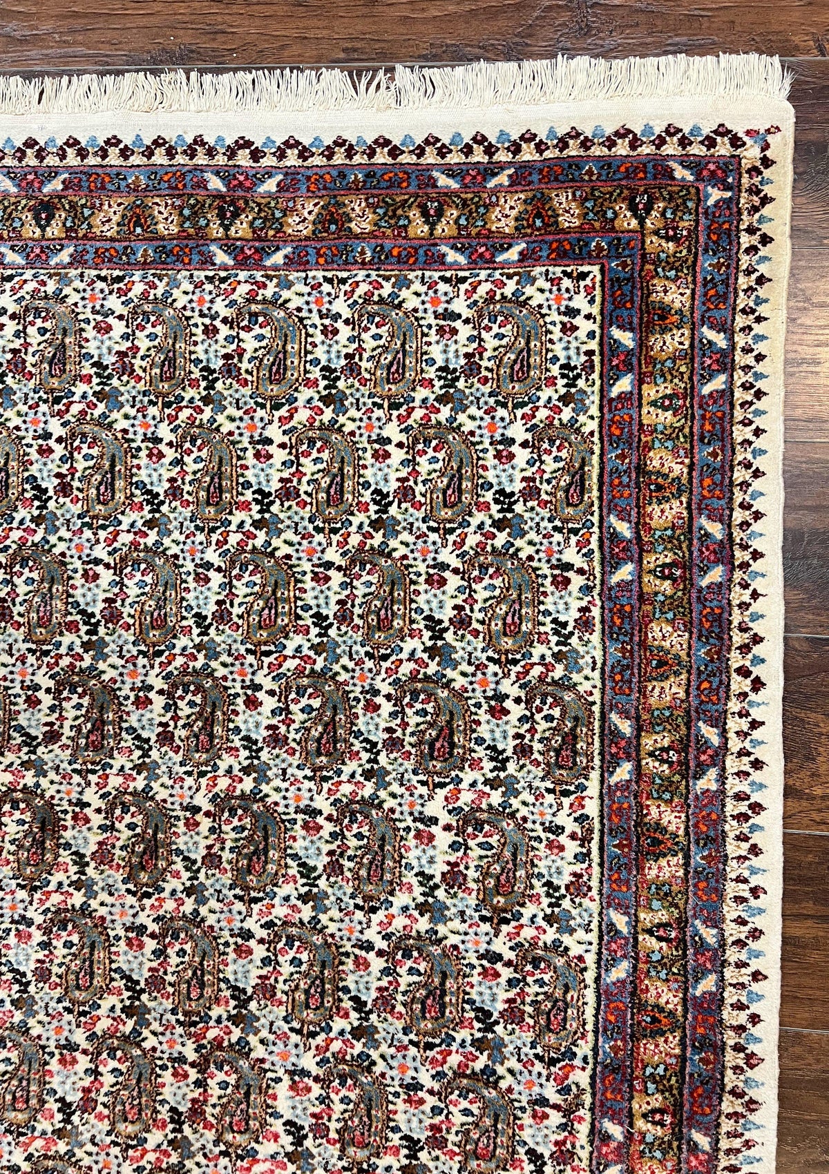 Persian Rug 4x6, Mashad Kashmar Rug, Boteh Paisley Design, Allover Repeated Pattern, Ivory Hand Knotted Vintage Semi Antique Persian Oriental Carpet - Jewel Rugs, view 7