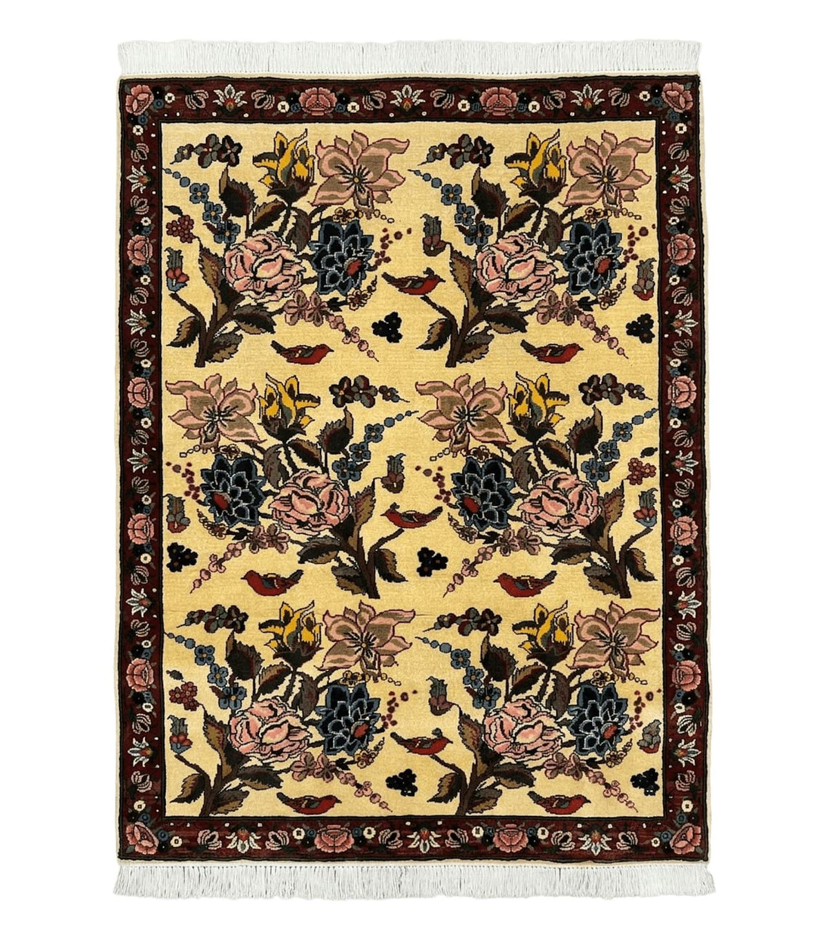 Persian Bidjar Rug 3.6 x 5 ft, Repeated Floral Motifs, Roses and Birds, Cream Burgundy, Fine Wool Oriental Bijar Carpet, Vintage Traditional Area Rug - Jewel Rugs