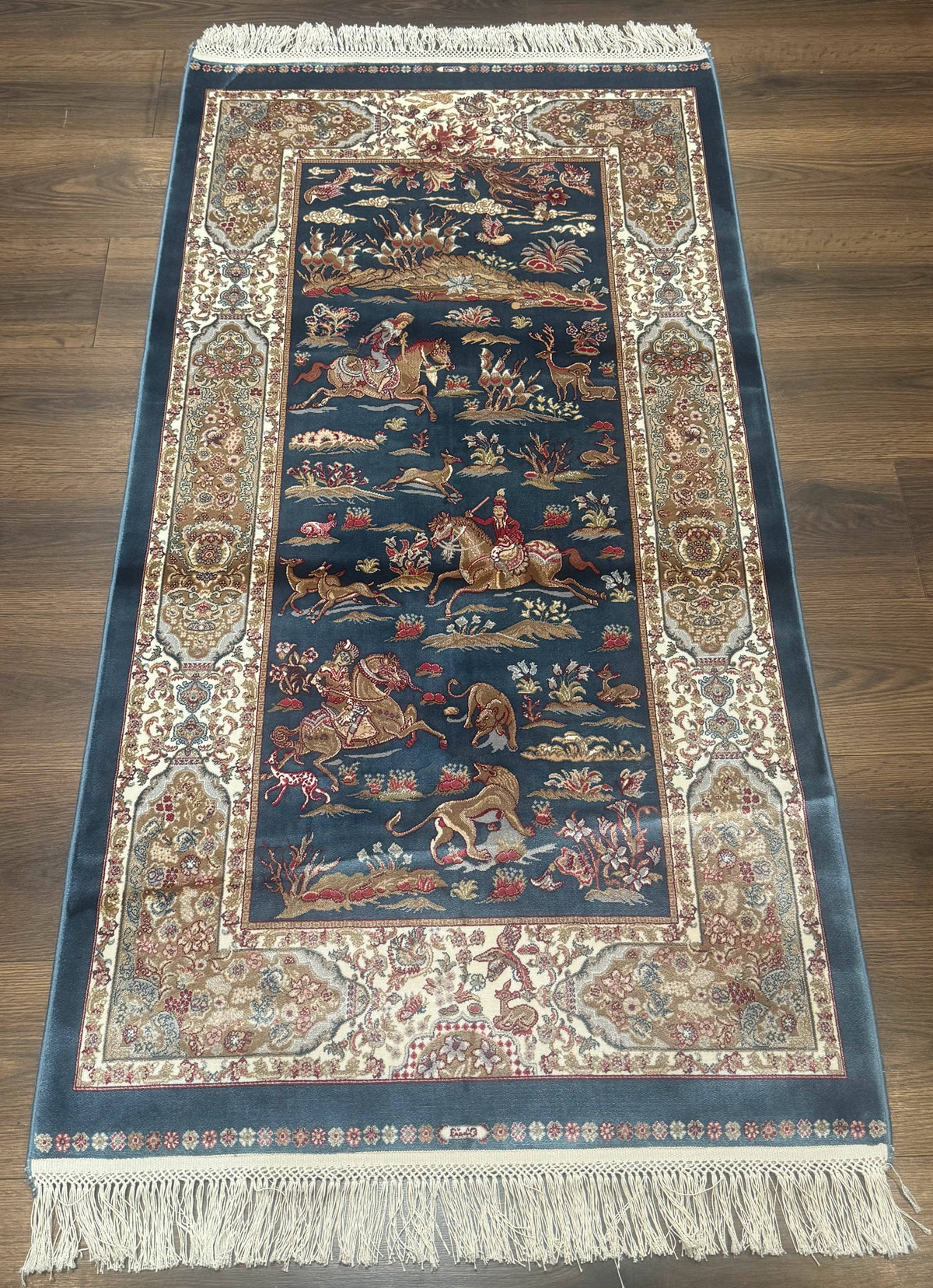 Turkish Silk Hunting Scene Rug 2.6 x 5, Dark Steel Blue & Ivory, Bamboo Silk, New - Jewel Rugs, view 2