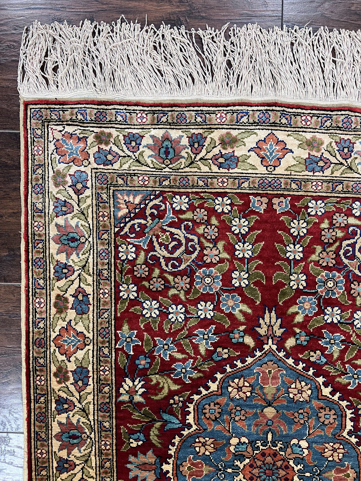 Silk Turkish Kayseri Rug 2x3, Small All Silk Turkish Carpet, Red and Light Blue, Very Fine Hand Knotted Semi Antique Vintage Handmade Rug - Jewel Rugs, view 6