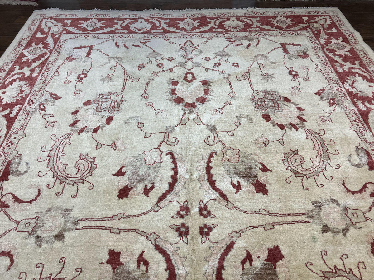 Peshawar Rug 8x12 Pakistani Carpet, Oriental Rug 8 x 12 Chobi Rug, Beige and Red, Allover Large Floral Design, Hand Knotted Vintage Wool - Jewel Rugs, view 4