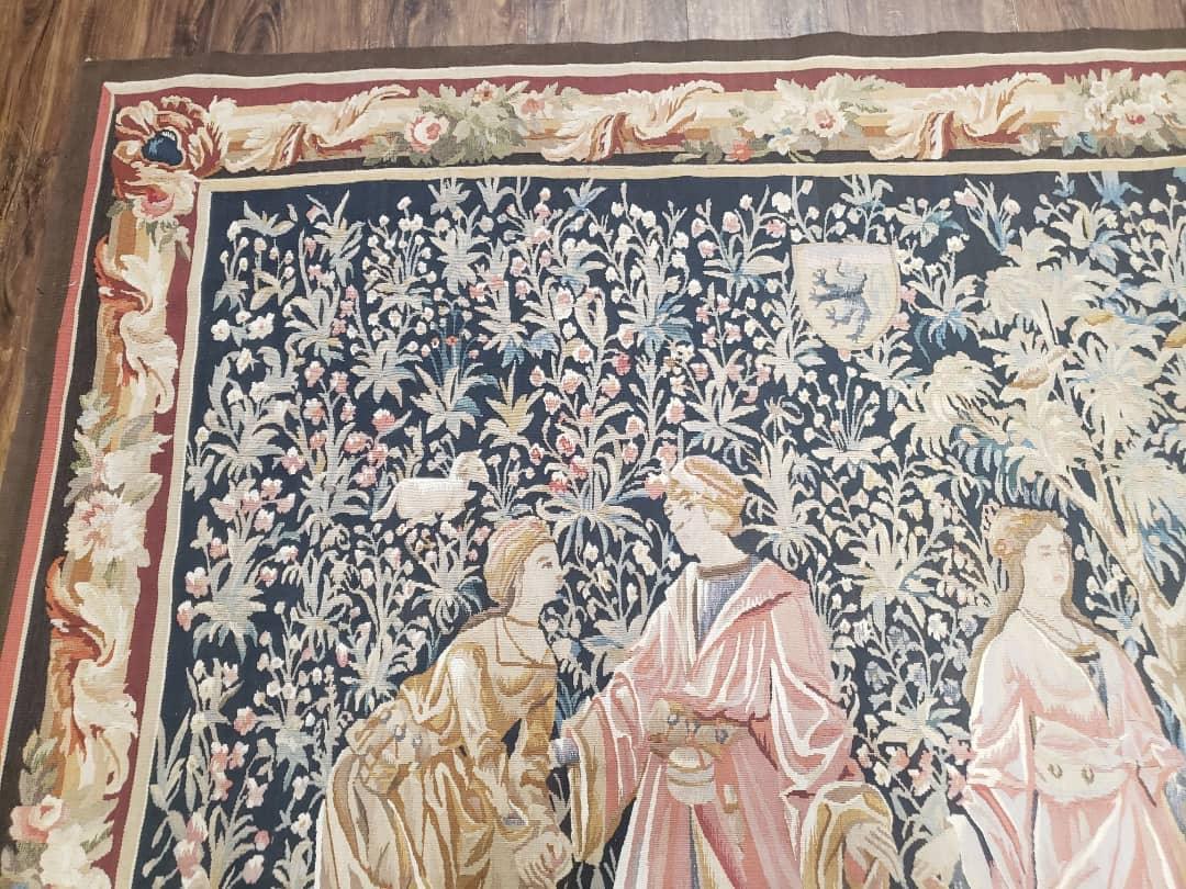 Vintage European Tapestry 5.4 x 7.11, Antique Style European Wall Hanging, Aubusson Weave Handmade Tapestry, Courtship Dating Scene, Animals - Jewel Rugs, view 5