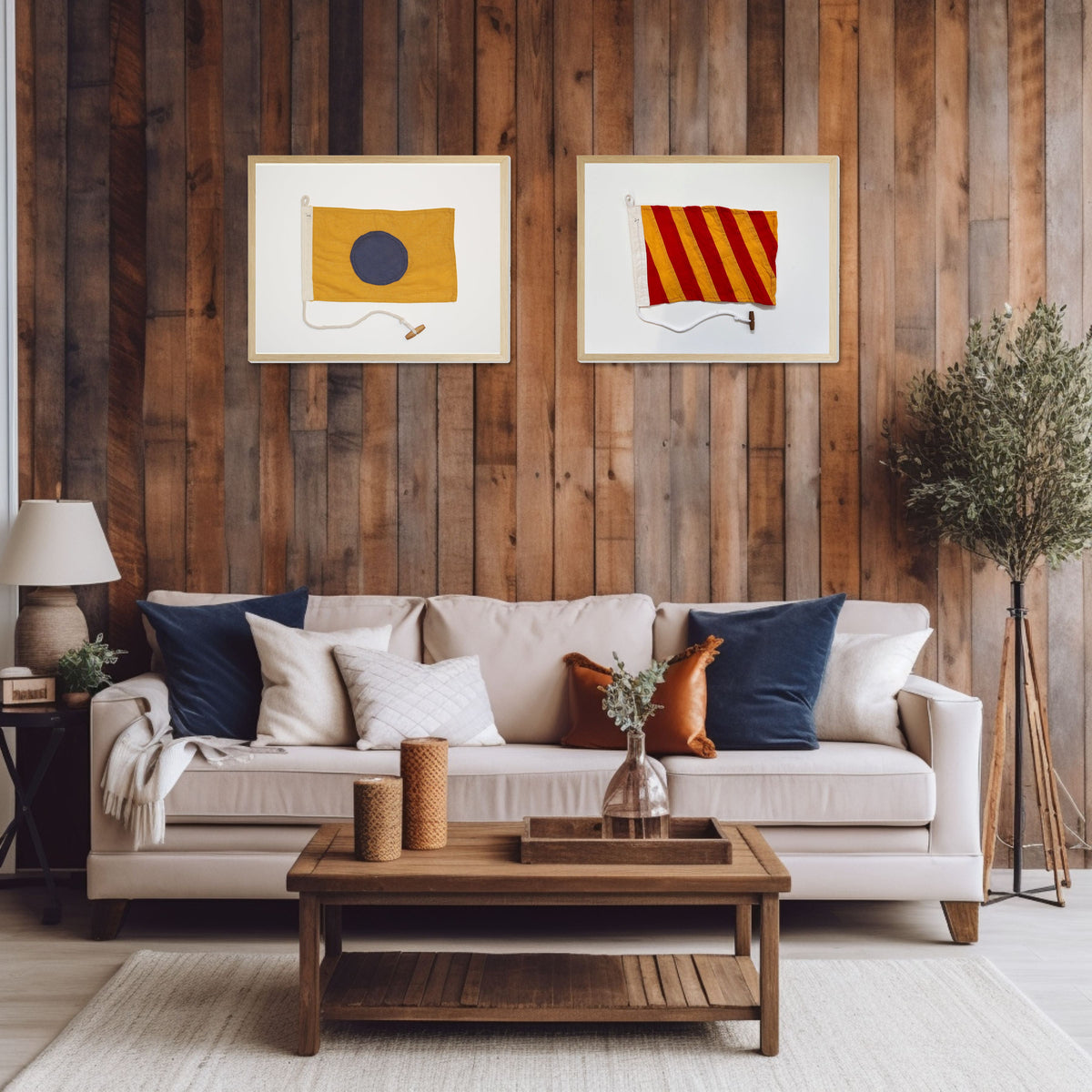 Yellow and Navy Flag in Natural Wooden Frame - Antique Curiosities, view 3