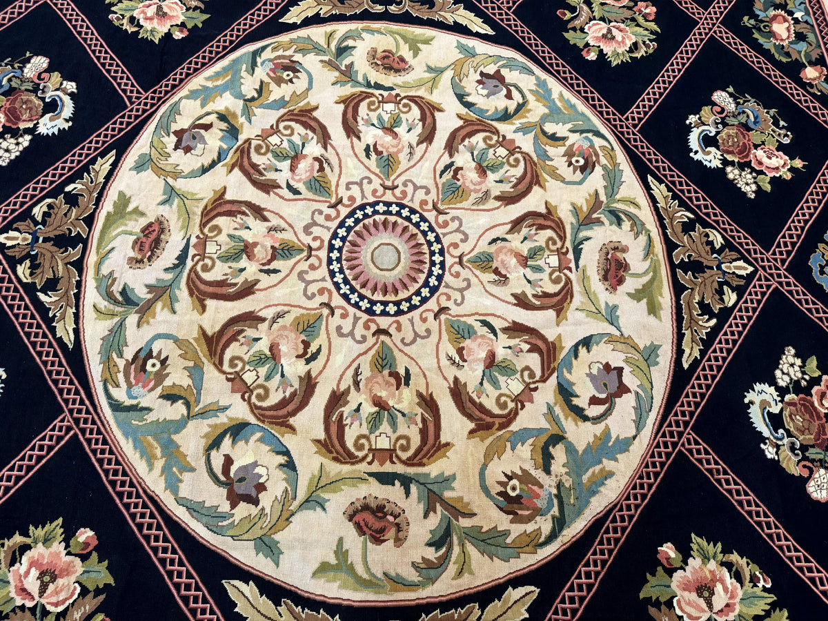 Palace Size Needlepoint Rug 12x20, European French English Aubusson Floral Design, Black and Beige - Jewel Rugs, view 4