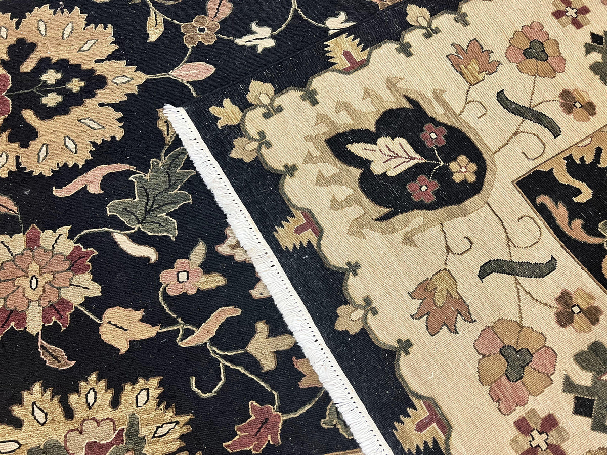 Indo Persian Rug 10x14, Wool Handmade Room Sized Floral Oriental Carpet, Indian Mahal Flatweave Rug, Black Beige - Jewel Rugs, view 11