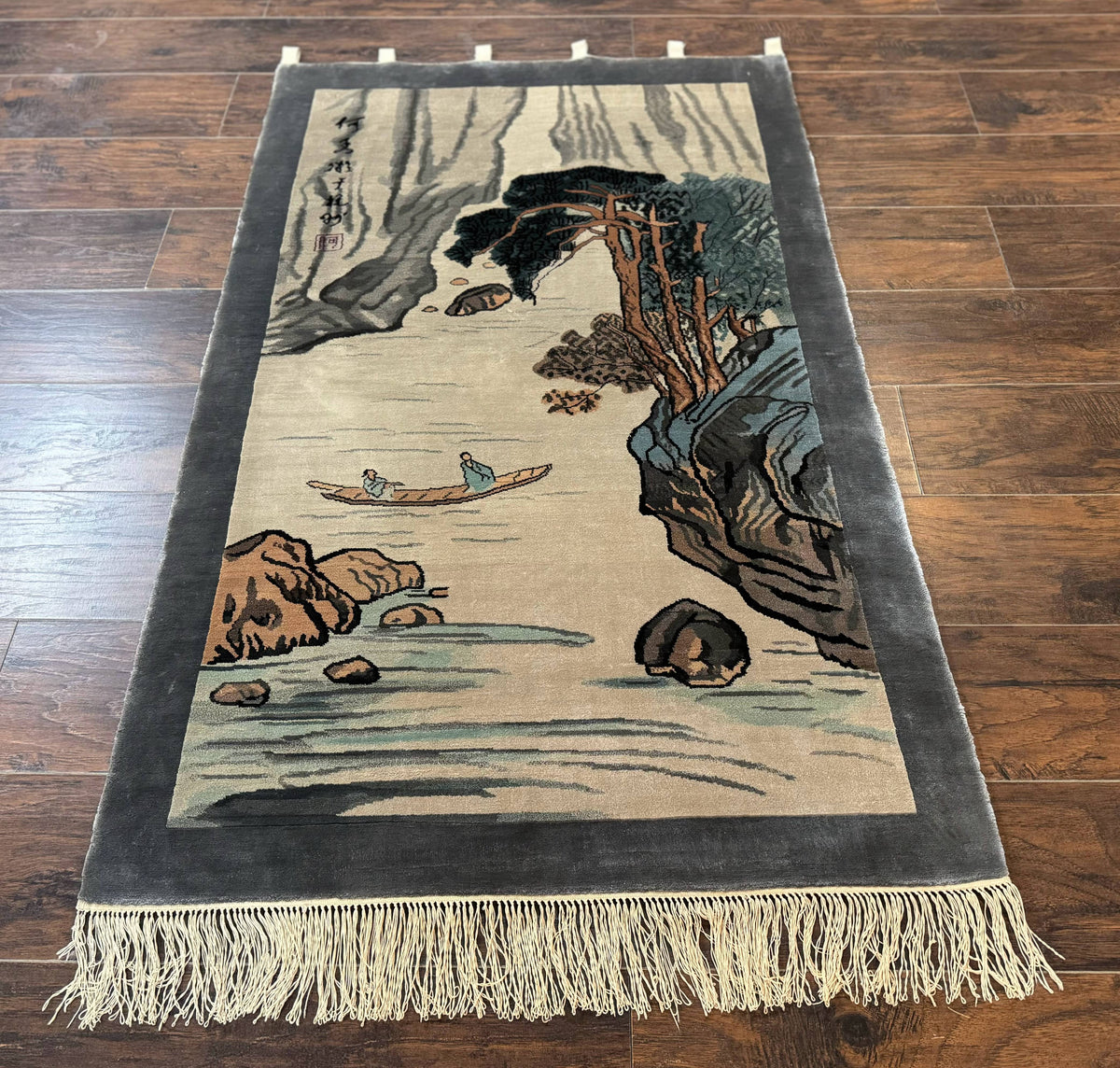 Chinese Silk Wall Hanging 3x5, Handmade, River and Boat Scene, Rug Tapestry - Jewel Rugs, view 2