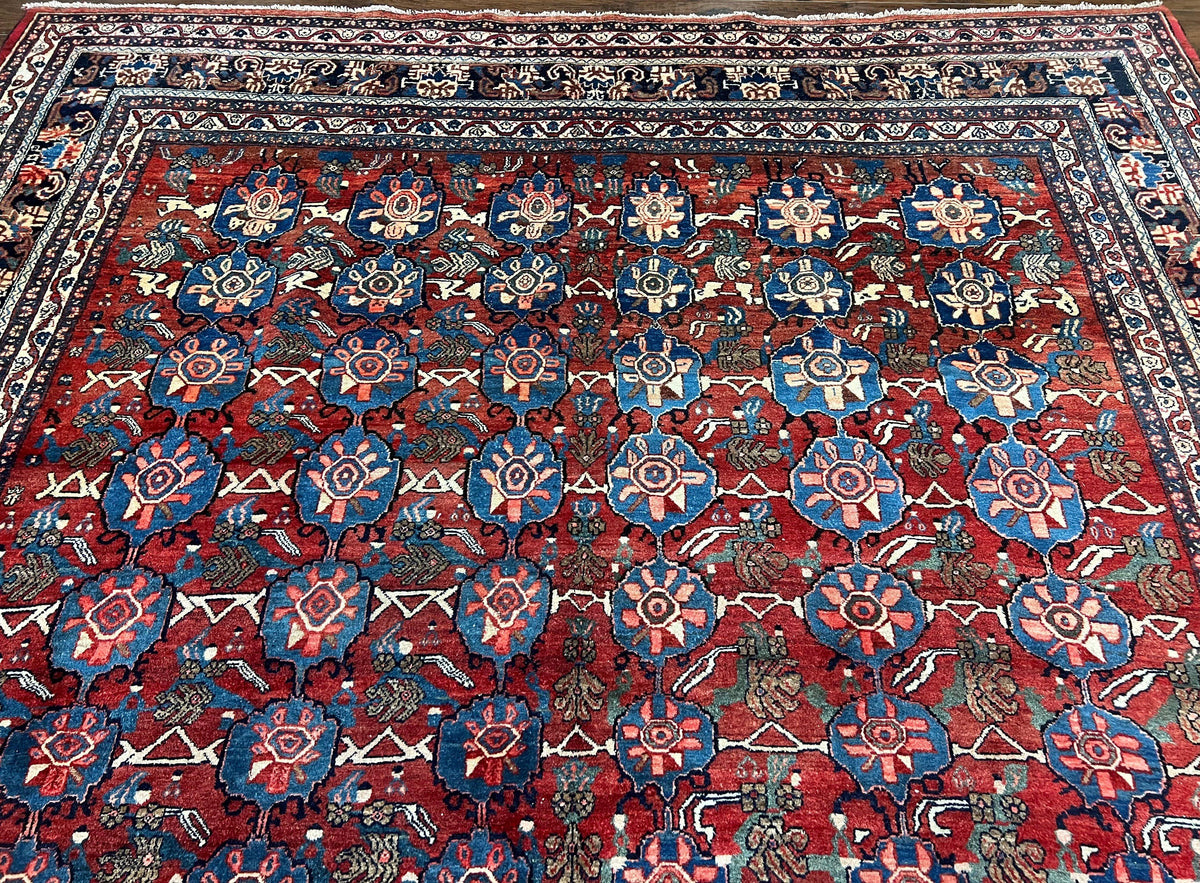 Antique Persian Bijar Rug 9x12 - Allover Motif, Red & Blue - Jewel Rugs, view 4