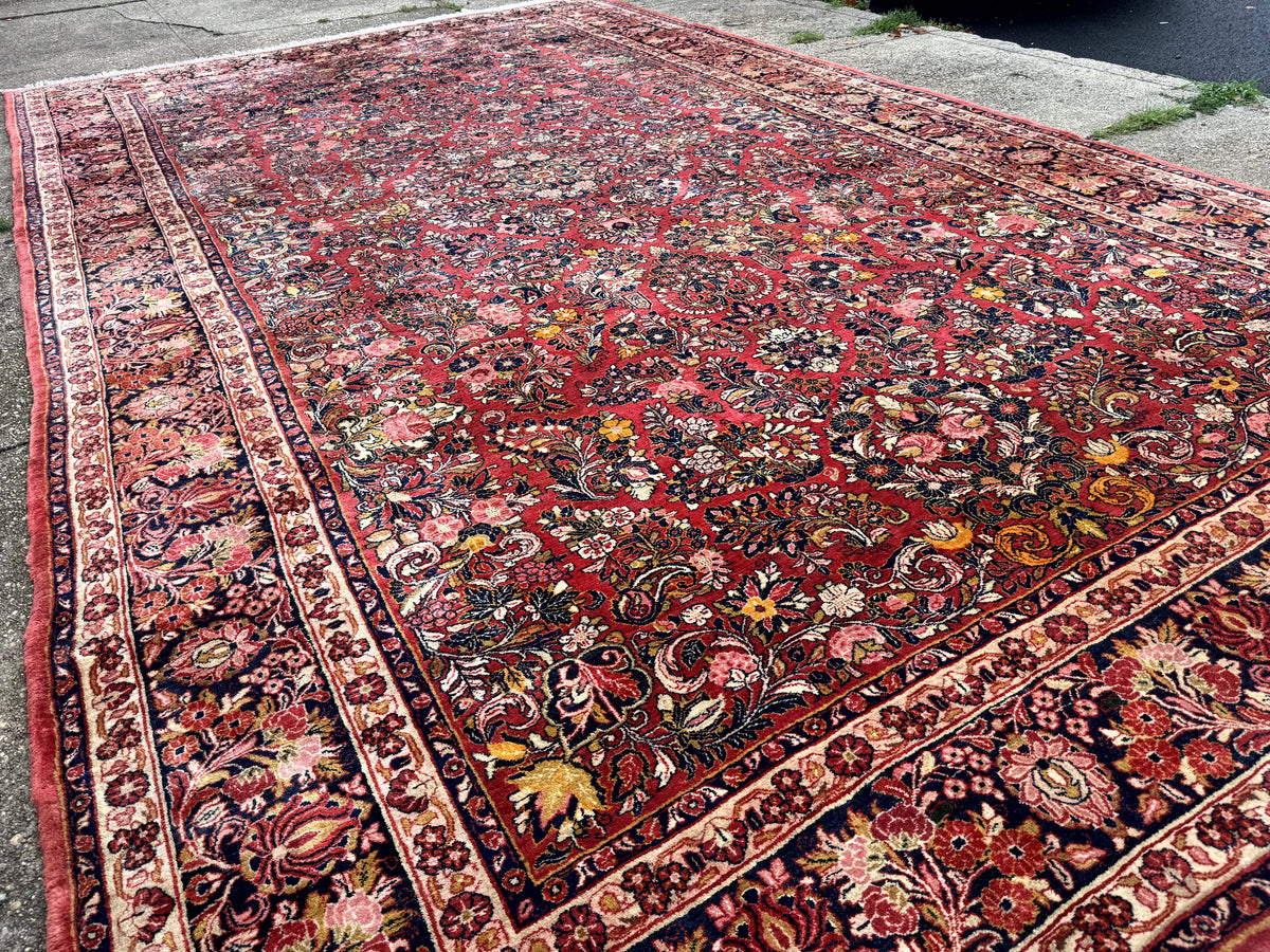 Large Antique Persian Sarouk Rug 11x18, Red, Floral Allover, Palace Size Wool Handmade Carpet - Jewel Rugs, view 12