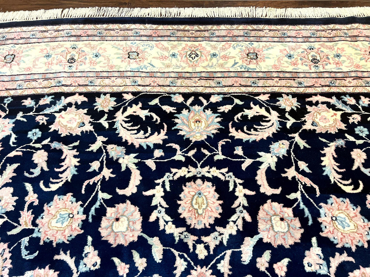 Indo Persian Rug 9x12, Navy Blue and Ivory/Cream, Floral Allover, Wool Vintage Handmade Carpet - Jewel Rugs, view 4