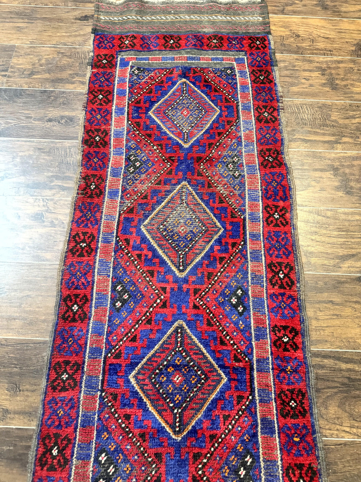 Turkoman Runner Rug 2 x 8.6, Skinny Runner, Handmade Wool Carpet for Hallway, Red and Blue, Wool, Vintage 8ft Runner - Jewel Rugs, view 3