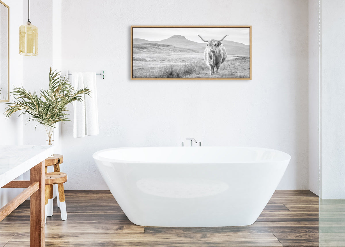 Sylvie Highland Cow Mountain Landscape Black and White Framed Canvas by The Creative Bunch Studio