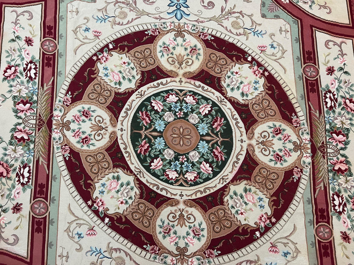 Needlepoint Rug 7.9 x 9, Beige Maroon Rose, Handmade Handwoven Flatweave Aubusson Savonnerie French European Elegant Carpet, Wool Rug - Jewel Rugs, view 5