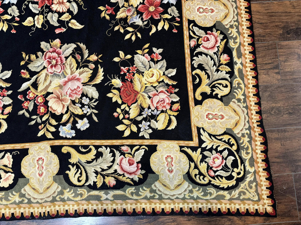 Palace Size Needlepoint Rug 12x16, Black and Colorful, Floral Panel, Handmade Oversized Wool Needlepoint Carpet, Rare - Jewel Rugs, view 10