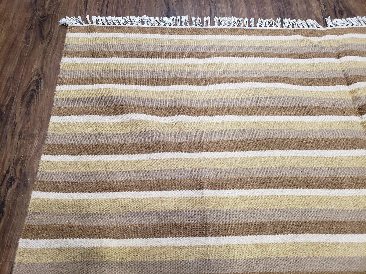 Indian Striped Blanket 6x9, Large Indo Kilim Area Rug, Earthern Tones Woolen Hand-Woven Flatweave South American Style Queen Size Bedspread - Jewel Rugs, view 7
