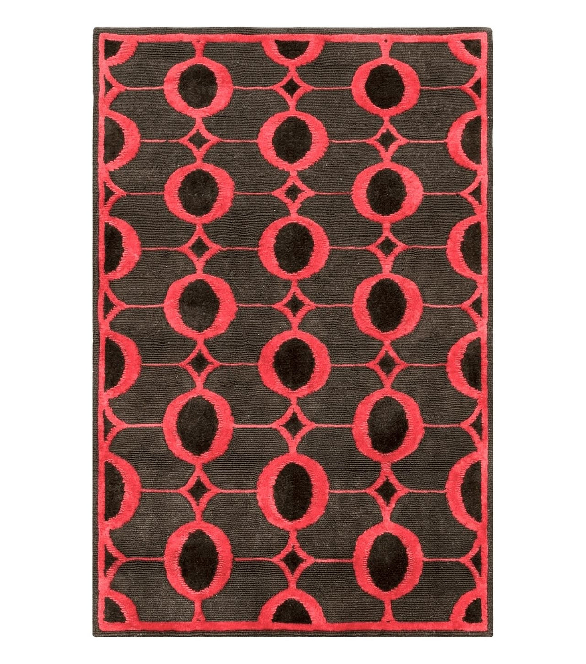 Modern Tibetan Rug 3.8 x 5.7, Raspberry Red and Dark Brown, Abstract Circle Design, Hand Knotted, Soft Wool Handmade Tibet Nepali Carpet 4x6 - Jewel Rugs