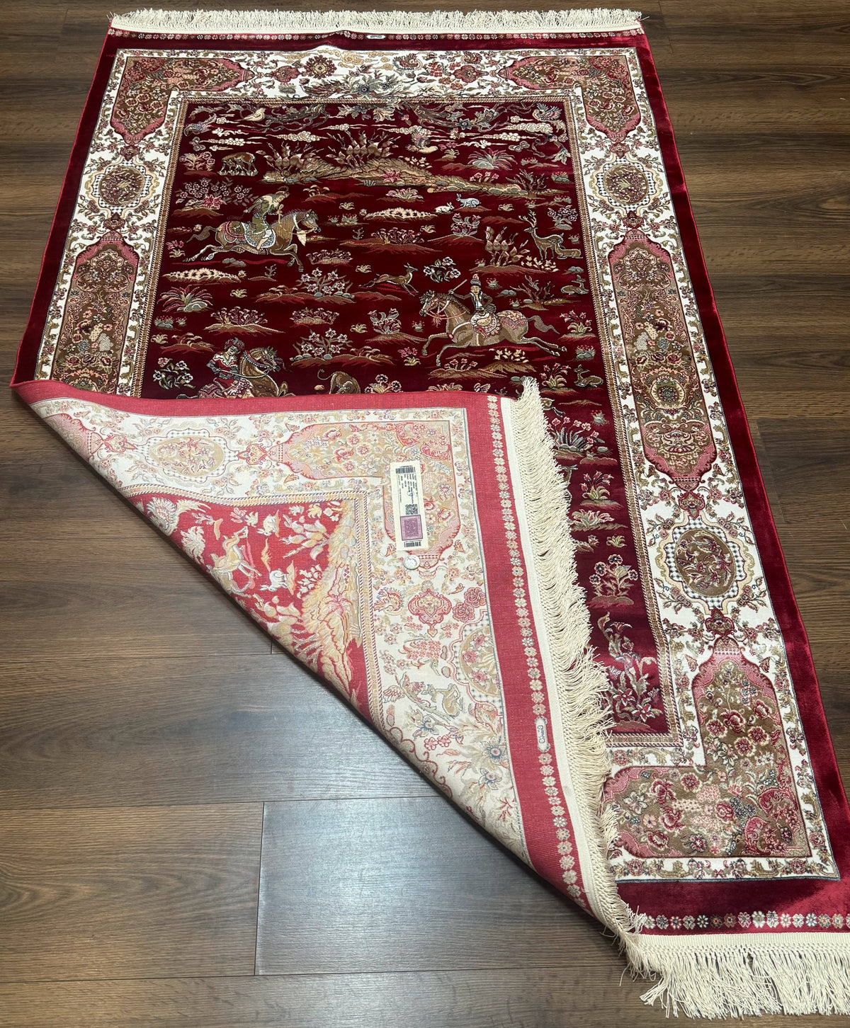 Turkish Silk Hunting Design Rug 4x6, Dark Red & Ivory, Bamboo Silk, New - Jewel Rugs, view 10