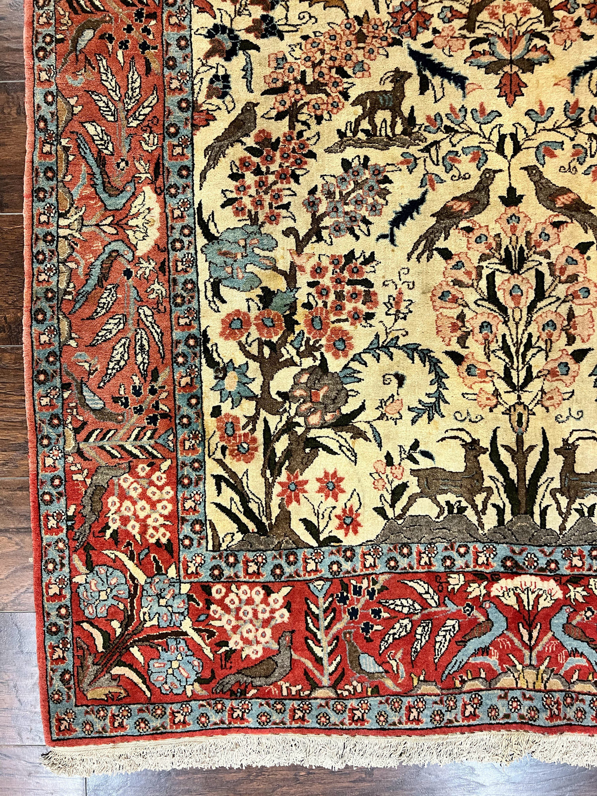 Persian Tree of Life 5x7, Qum Rug, Animal Motifs, Deer Birds, Fine 225 KPSI, Semi Antique Wool Rug, Cream Red - Jewel Rugs, view 8
