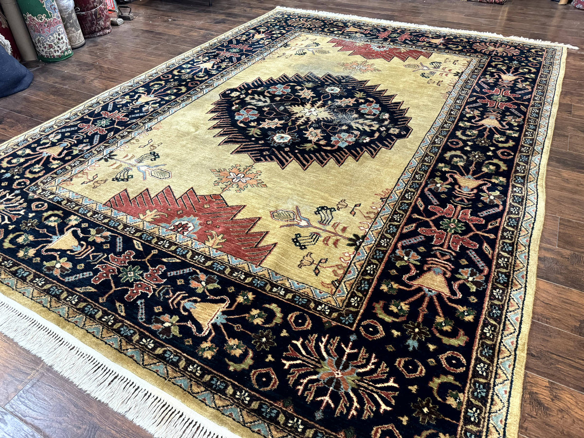 Indo Persian Heriz Rug 8x12, Camel Hair Tan and Navy Blue, Decorative - Jewel Rugs, view 3