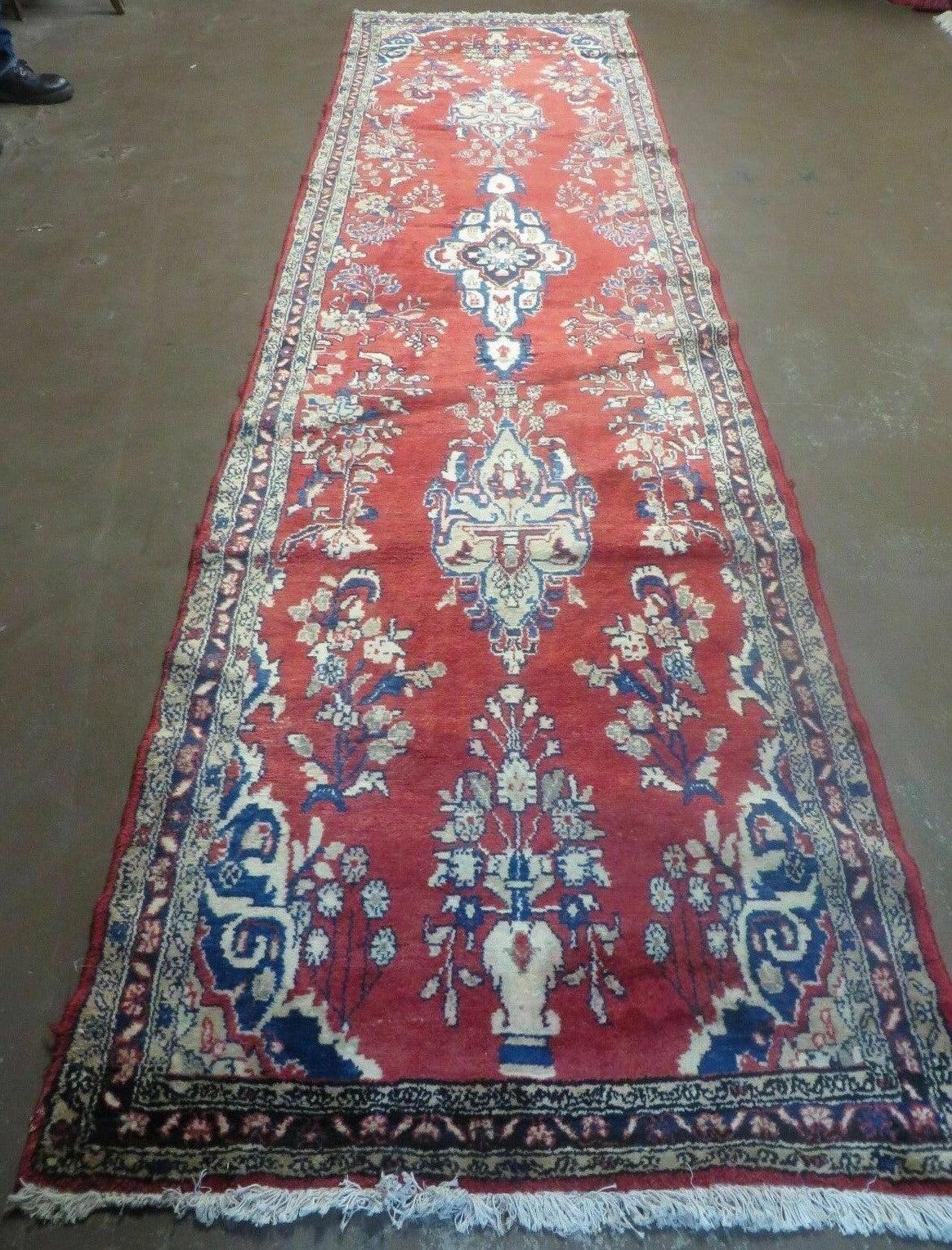 Persian Runner Rug 3 x 12, Antique Wool Oriental Runner, Floral Vases, Red & Navy Blue - Jewel Rugs