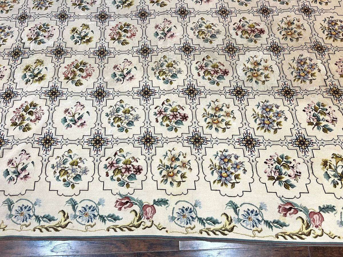Needlepoint Rug 10x14, Wool Handmade Vintage Needlepoint Carpet, Floral Panel Design, Ivory/Cream - Jewel Rugs, view 6
