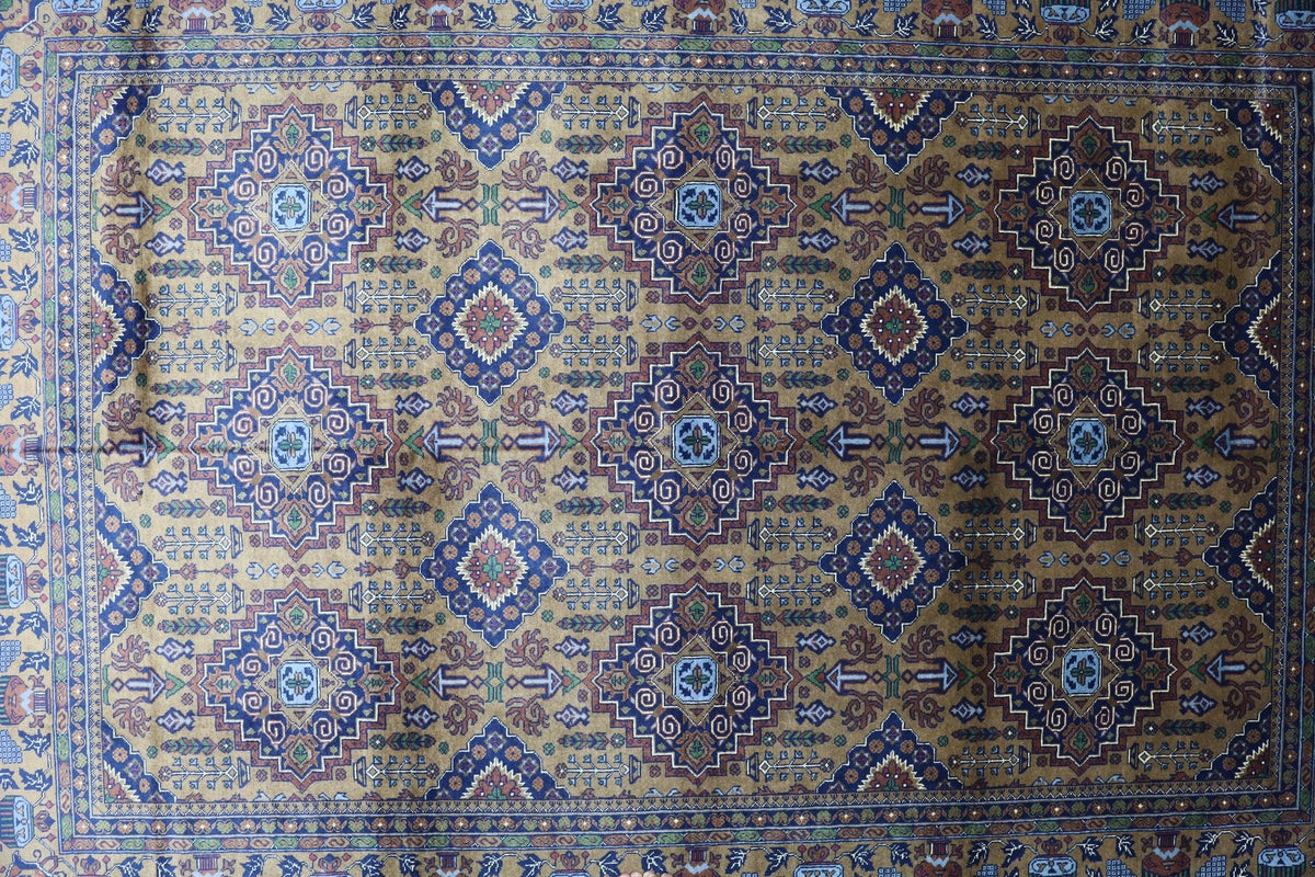 Afghan Rug 7x10 | Gold, Navy & Brown | Hand-Knotted Wool - Rugistan, view 4
