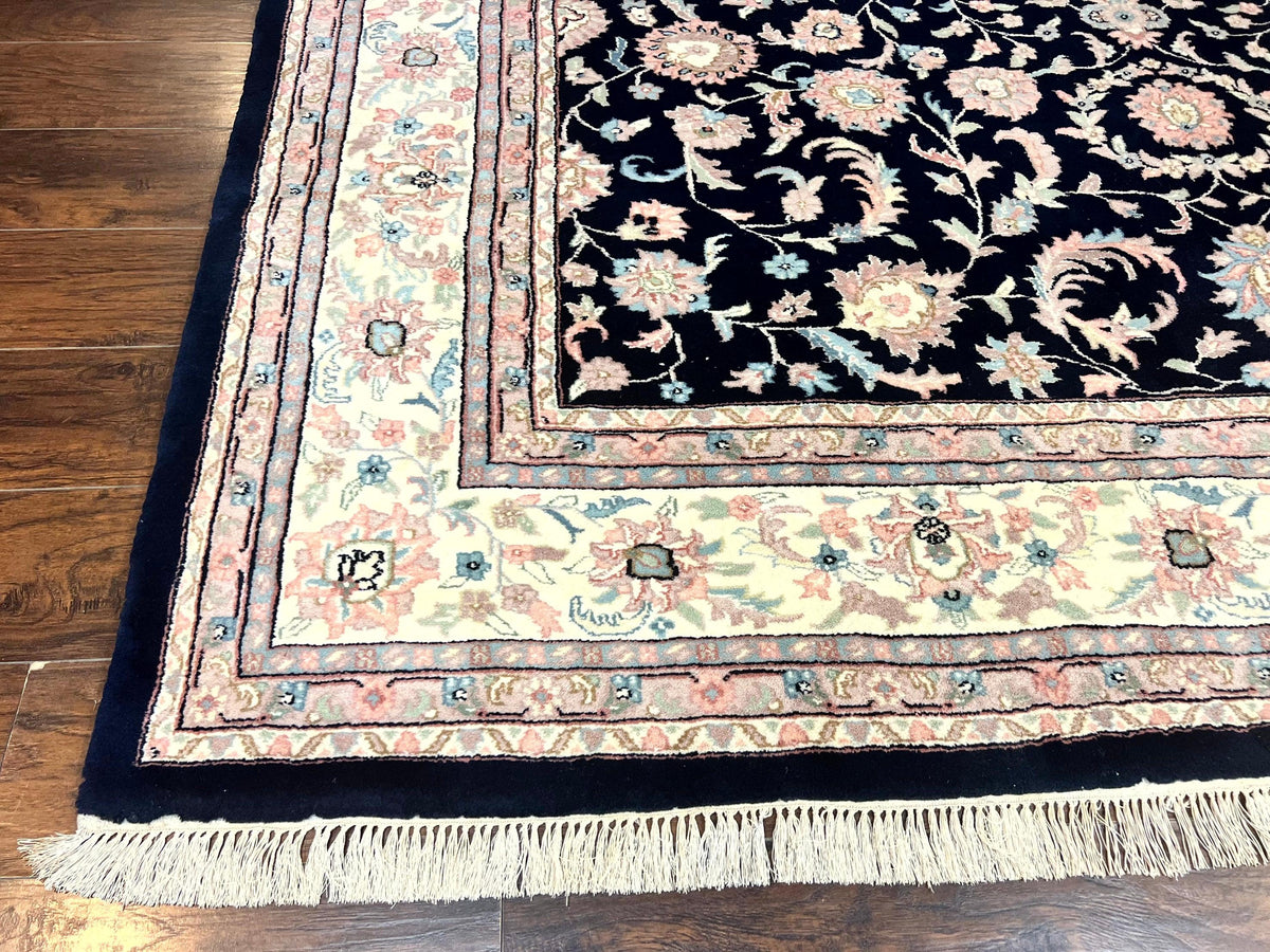 Indo Persian Rug 9x12, Navy Blue and Ivory/Cream, Floral Allover, Wool Vintage Handmade Carpet - Jewel Rugs, view 9