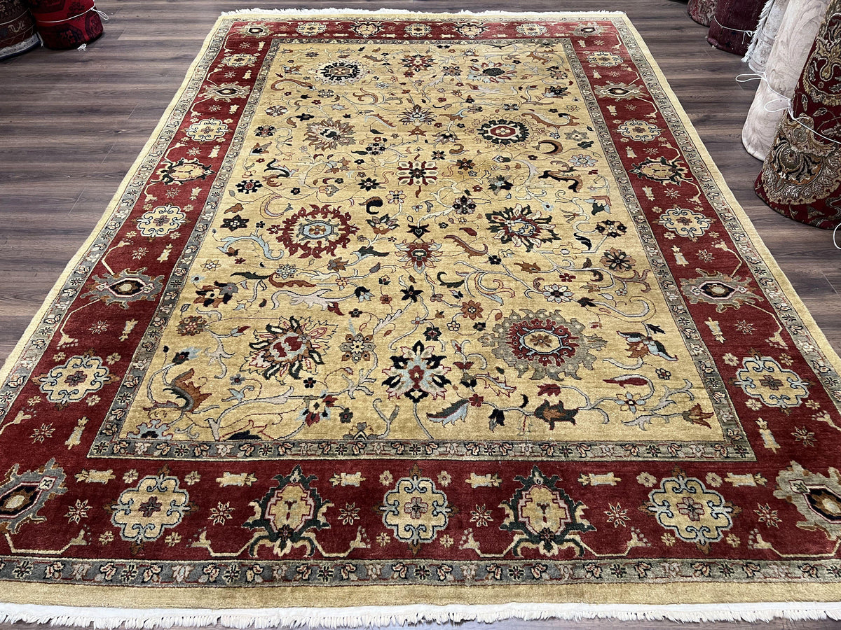 Indo Persian Mahal Rug 8x12, Wool Hand Knotted Oriental Carpet, Light Gold and Burgundy, Floral Allover, Vintage Room Sized Area Rug 8 x 12 - Jewel Rugs, view 2